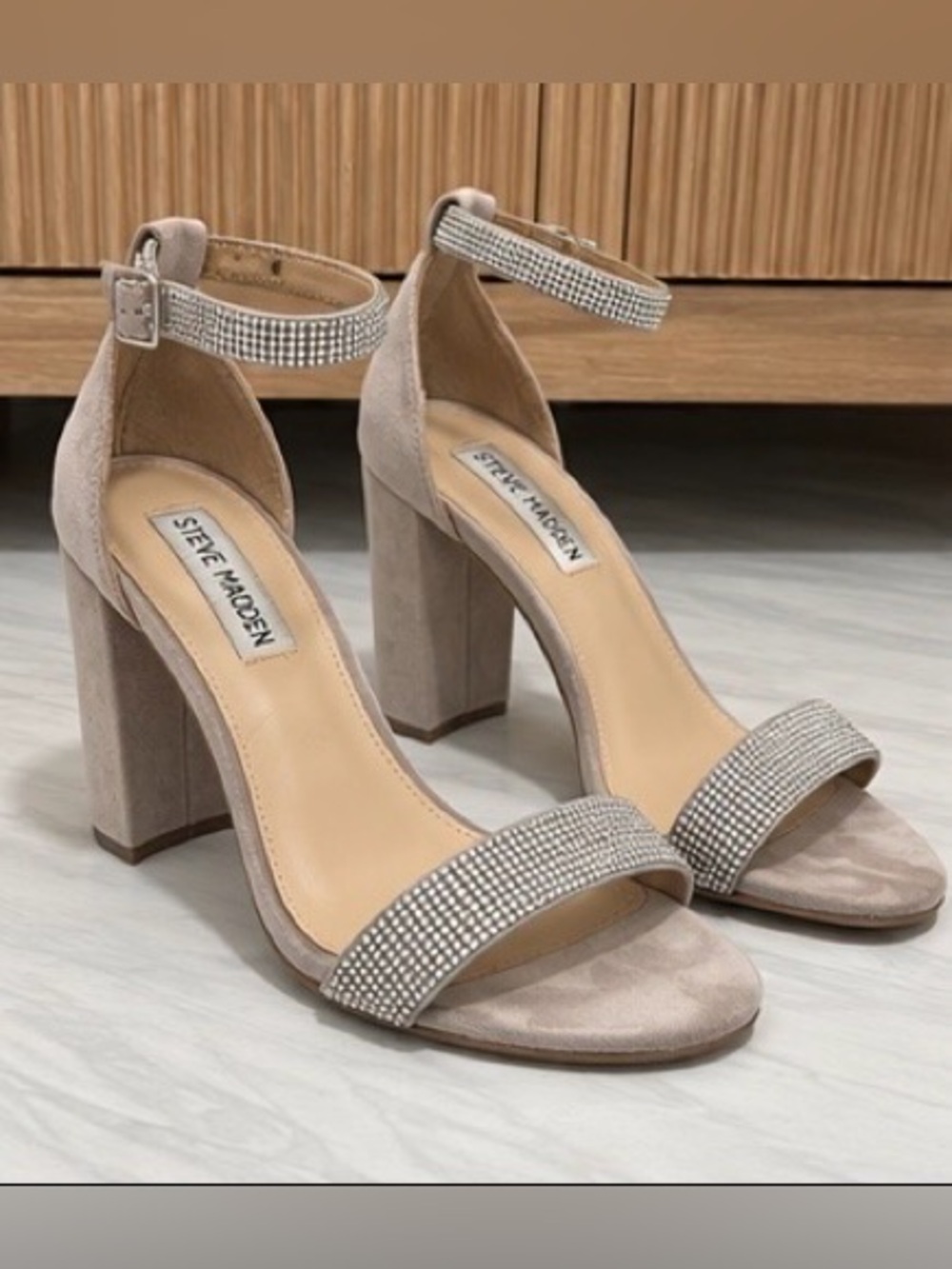 Steve Madden KALINA-R Rhinestone Block Heels – Taupe – Size 8